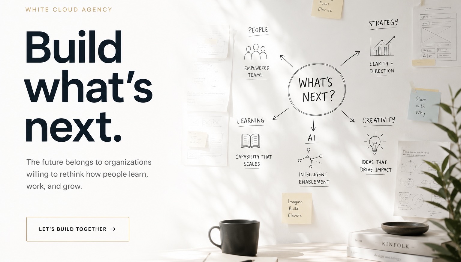 Build what's next beside a wall map of people, strategy, learning, AI, and creativity.