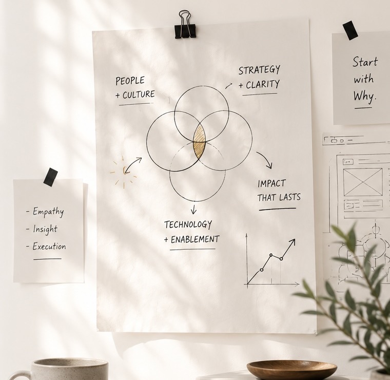 A strategy board with people, culture, clarity, technology, enablement, and impact notes.